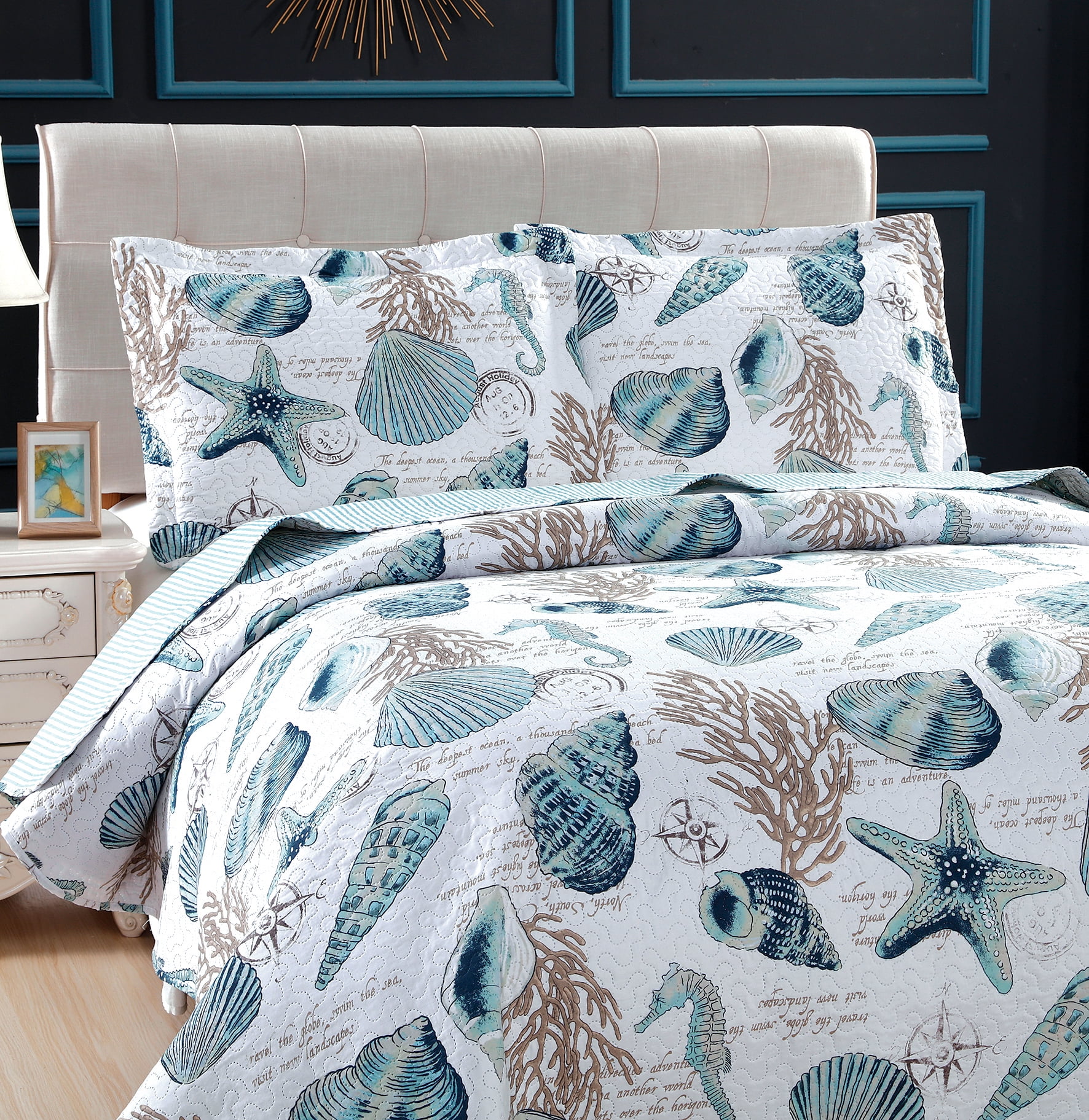 Smuge 3Pcs Queen/Full Size Sea shell Quilt Sets, Soft Lightweight Microfiber Bedding Bedspreads Reversible Coverlet, 1 Quilt & 2 Pillow Shams (Blue)