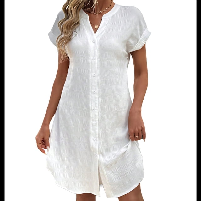 Vestido de para Mujer, Verano, Informal, Corta, Cuello en V, Midi, Abotonado, Camisero. S