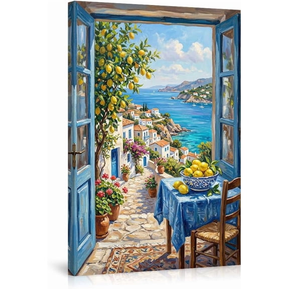 Mediterranean Canvas Wall Art Print Lemon Tree Seascape Painting Coastal Greek Village Ocean View Blue White Home Decor for Living Room Bedroom Kitchen