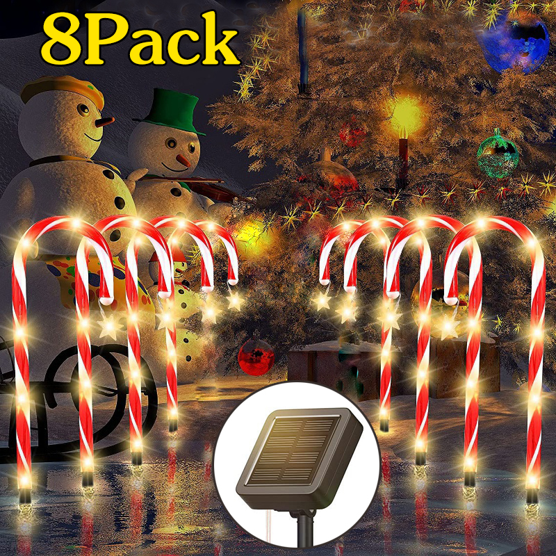 8Pcs Solar Candy Cane Lights Christmas Pathway Marker Lights