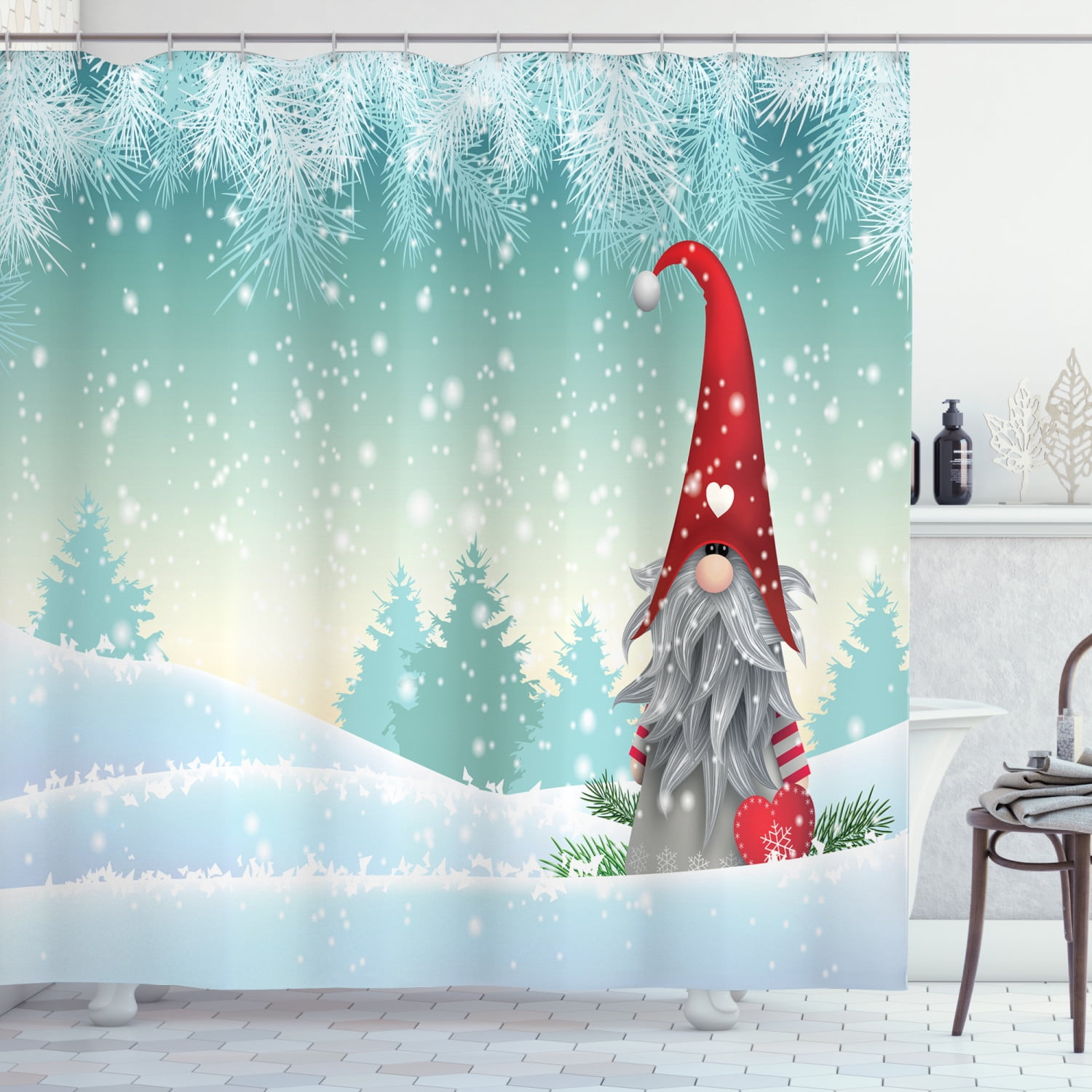 Christmas Dwarf Elf In Red Hat Shower Curtain Bathroom Decor Fabric & 12hooks 
