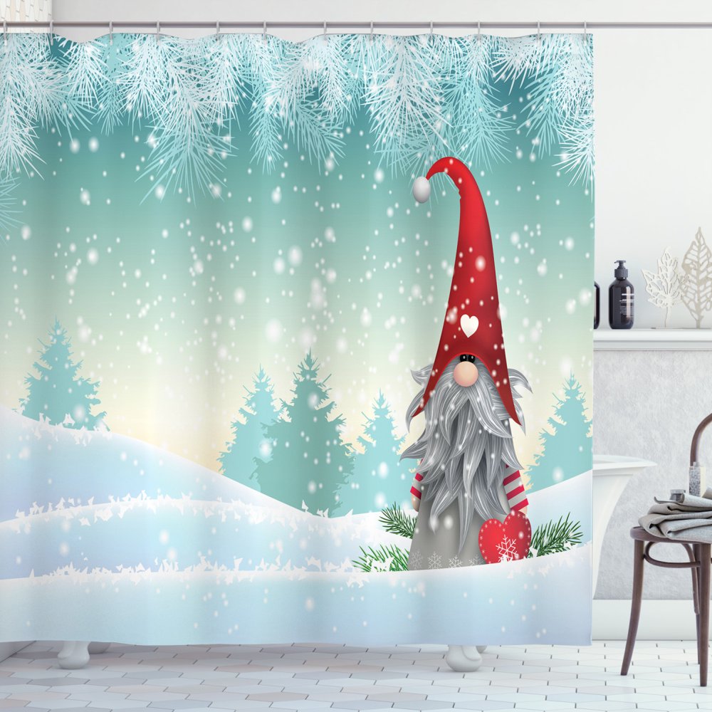 Gnome Shower Curtain, Elf Tomte Standing on Snow on the Winter Finnish Christmas Theme, Fabric
