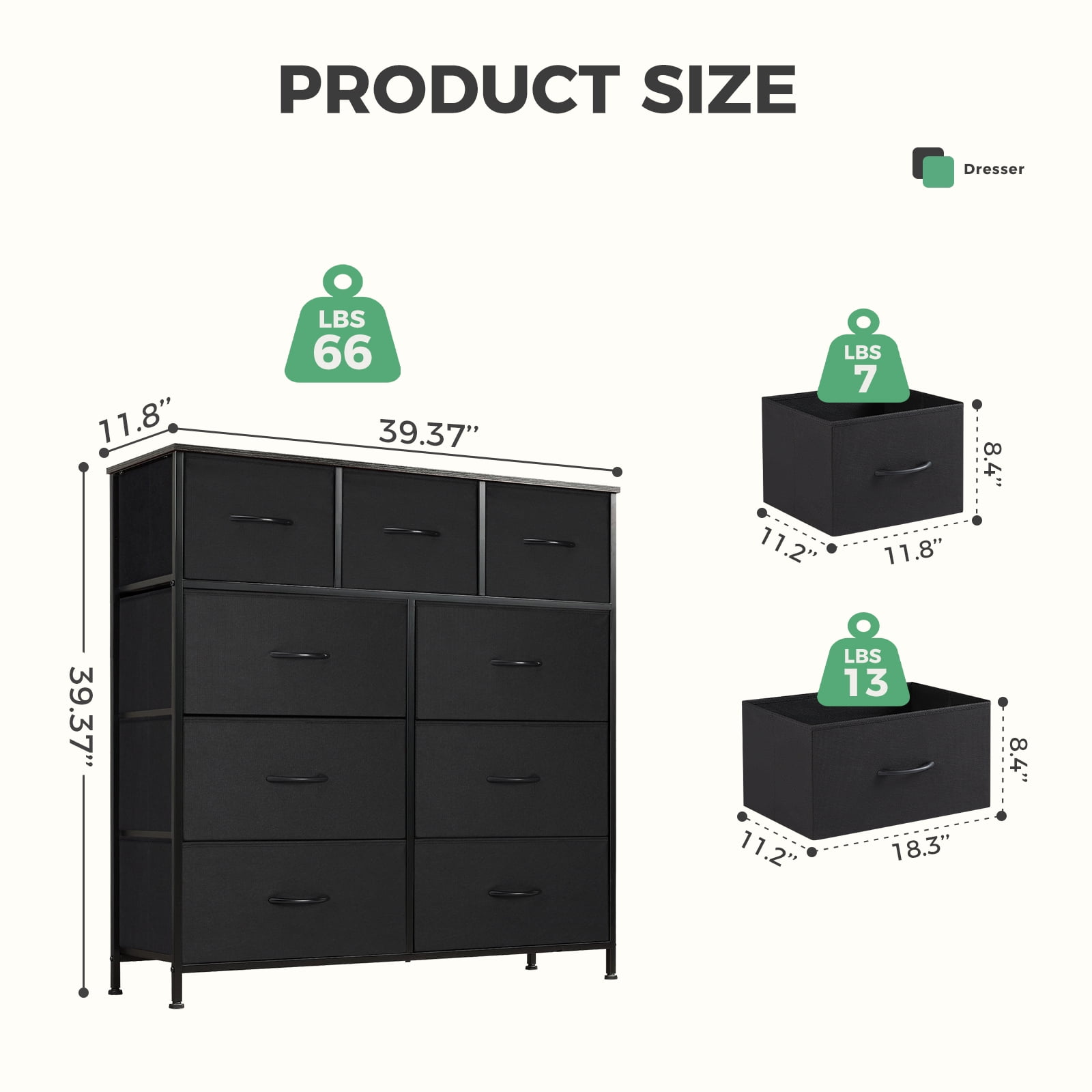 Aidoly 9-Drawer Dresser with Wooden Top, Adjustable Feet, Sturdy Metal Frame Dressers for Bedroom, Living Room, Black