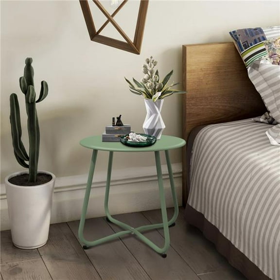 InQrands D45KC-SG Outdoor Side Table, 18'' Small Round Side Table with Adjustable Feet, Black, Sage Green