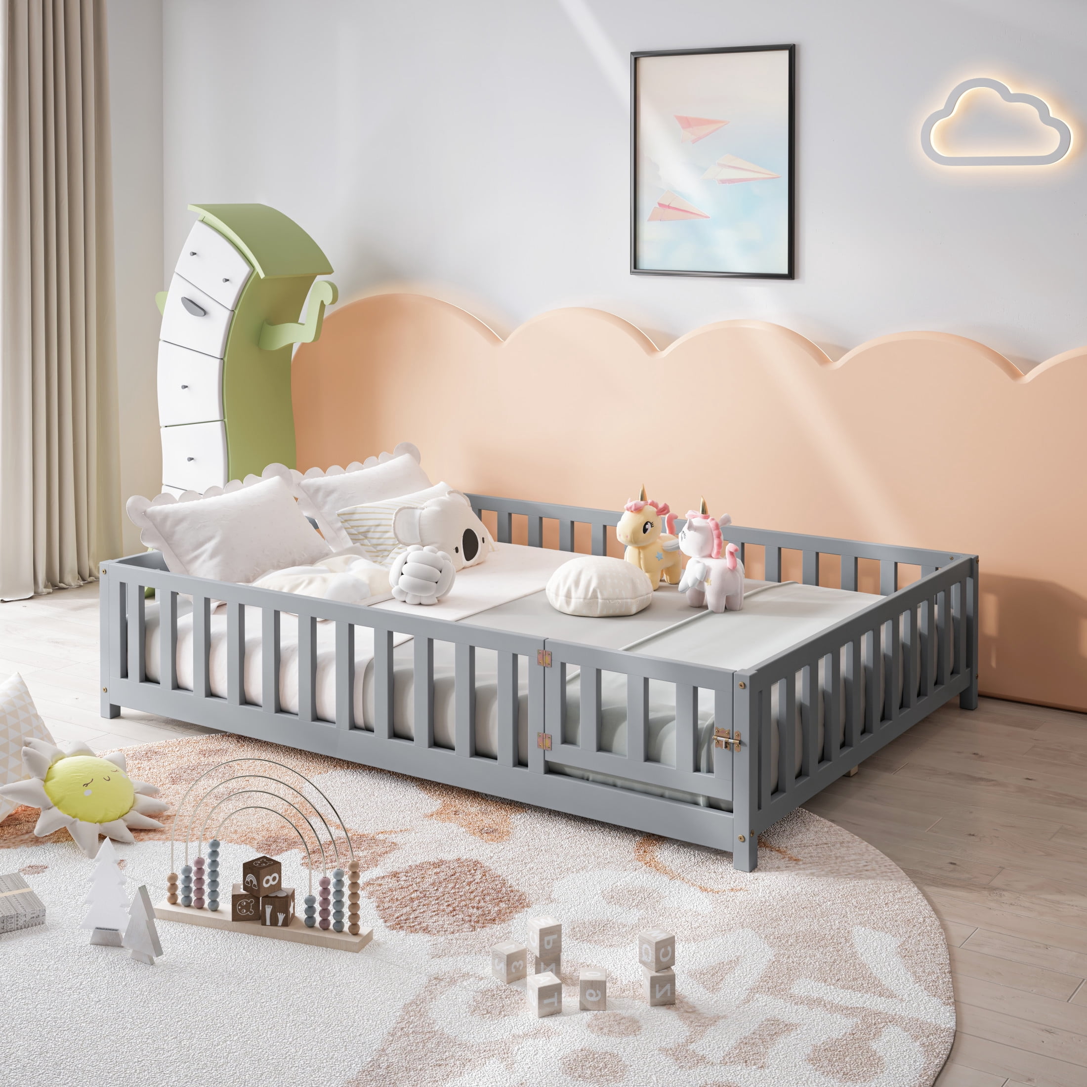 GDF Studio Full Size Montessori Floor Bed with Fence & Door, Support Slats, Gray