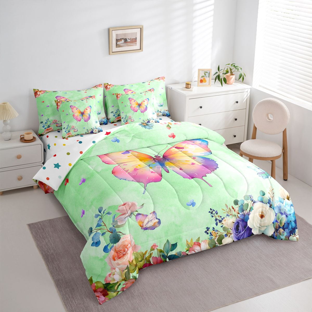 Homewish Chic Butterflies 7pcs Bedding Comforter Set,Rustic Flower Queen Bedding Sets,Green Pink Queen Sheet Sets For Girls Kids,Microfiber Bedroom Decor Reversible