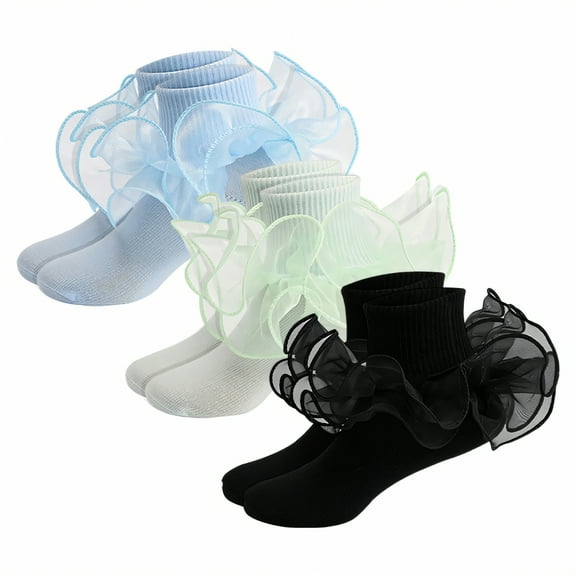 TELOLY 3Pairs Kids Socks,6-8 Years Old Ruffle Socks,Cute Cotton Socks Lace Socks,Combination1