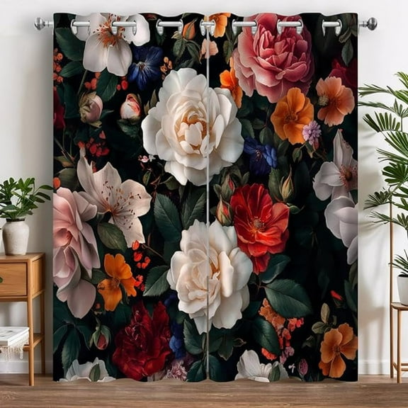 Floral Blackout Curtains, Boho Flowers Black Dark Window Drapes For Bedroom Living Room, Grommet Top Room Darkening Curtains Home Decor 53"W x 96"L (Pack of 2)