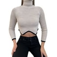 thumbnail image 2 of Women Sweater Knit Pullover Long Sleeve Turtleneck Contrast Color Irregular Hem Crop Top, 2 of 9