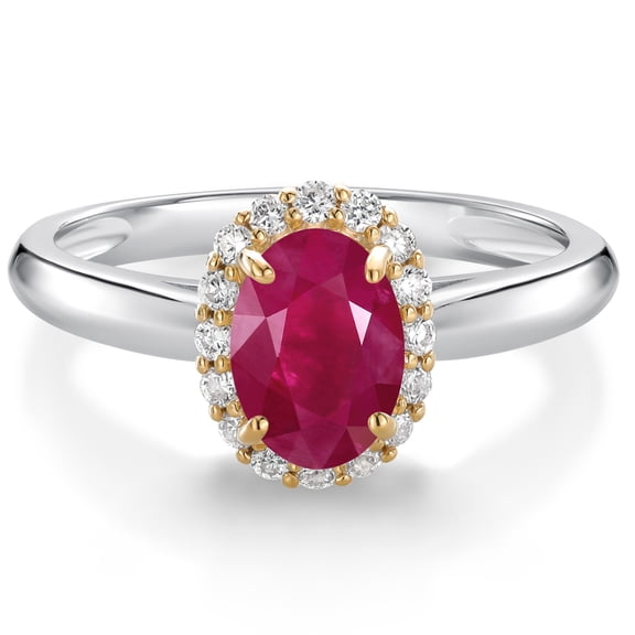 Gem Stone King 925 Sterling Silver and 10k Yellow Gold Red Ruby and White Lab Grown Diamond Halo Engagement Ring for Women (1.13 Cttw, Gemstone July Birthstone, Oval 7X5MM, Size 6)