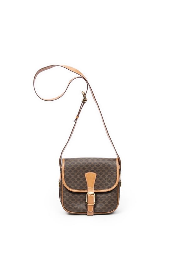 Pre-Owned Celine Brown Buckle Flap Crossbody Shoulder bag Macadam Coated Canvas