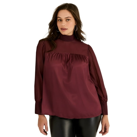 June & Vie Women's Plus Size Satin Mockneck Blouse