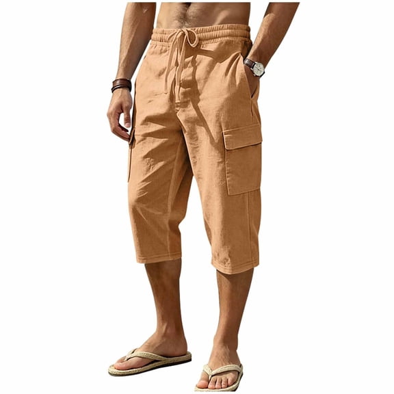 cfhntfmh Mens Capri Pants Casual Lightweight Elastic Waist Cargos Drawstring Beach Yoga Pants with Pockets (Yellow,X-Large)