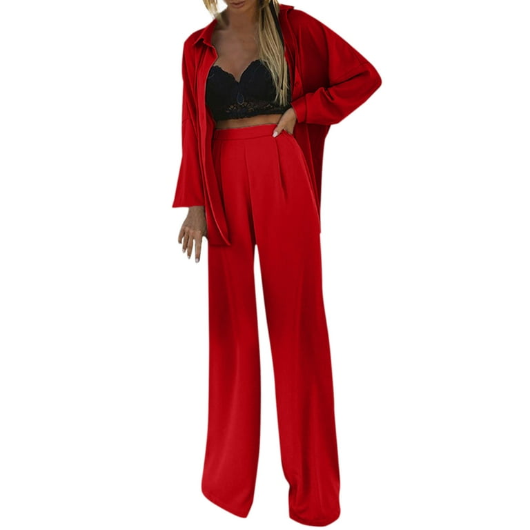 JDEFEG Romper for Bride 2 Pieces Pants Set Loose Button Long Sleeve Shirt  Wide Leg Palazzo Pants Outfits Sweatsuit Womens Formal Suit Polyester Red L