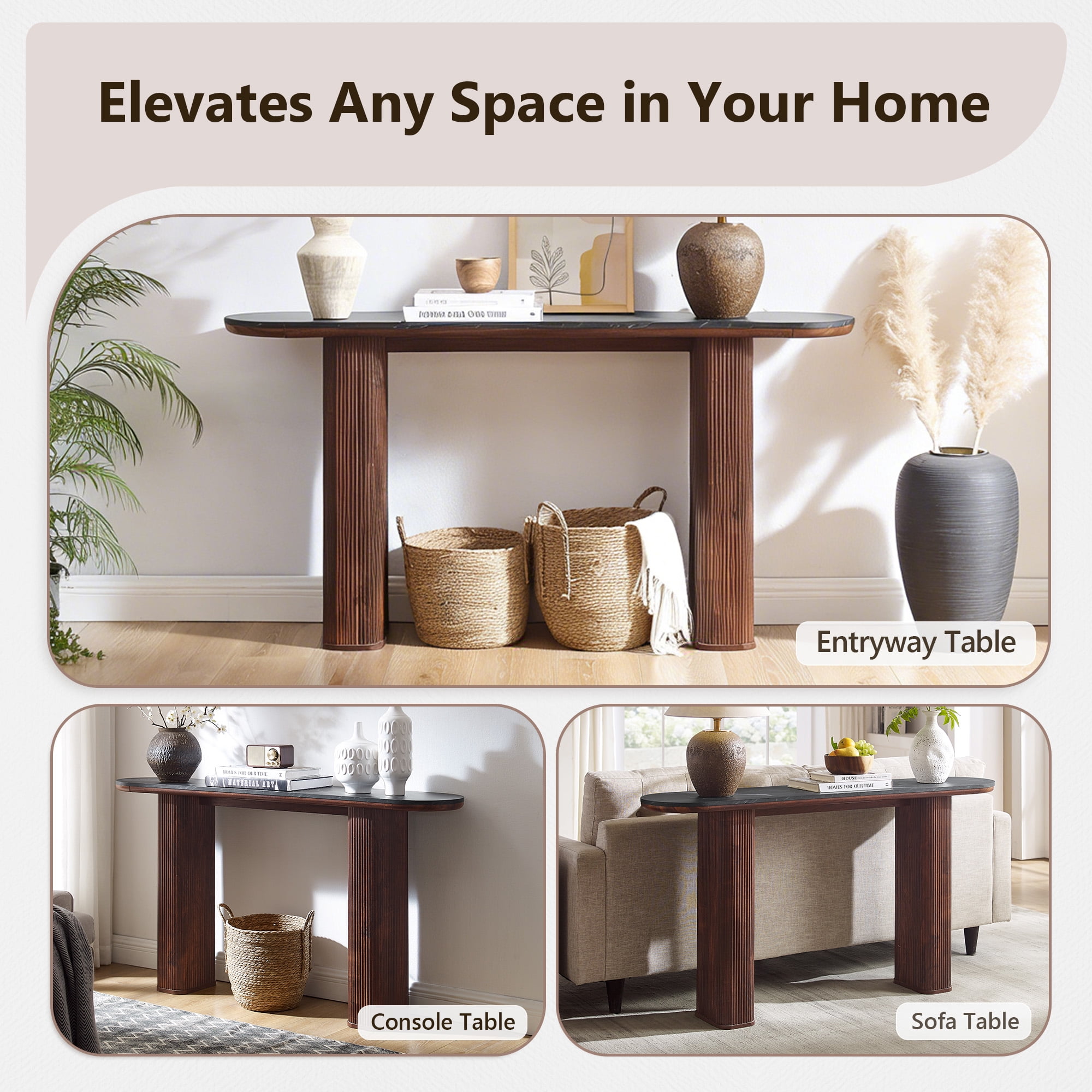 KeyWhat 63" Entryway Console Table with Fluted Wood Base, Modern Sofa Table Behind the Couch for Living Room, Hallway, Entrance, Foyer, Dark Walnut