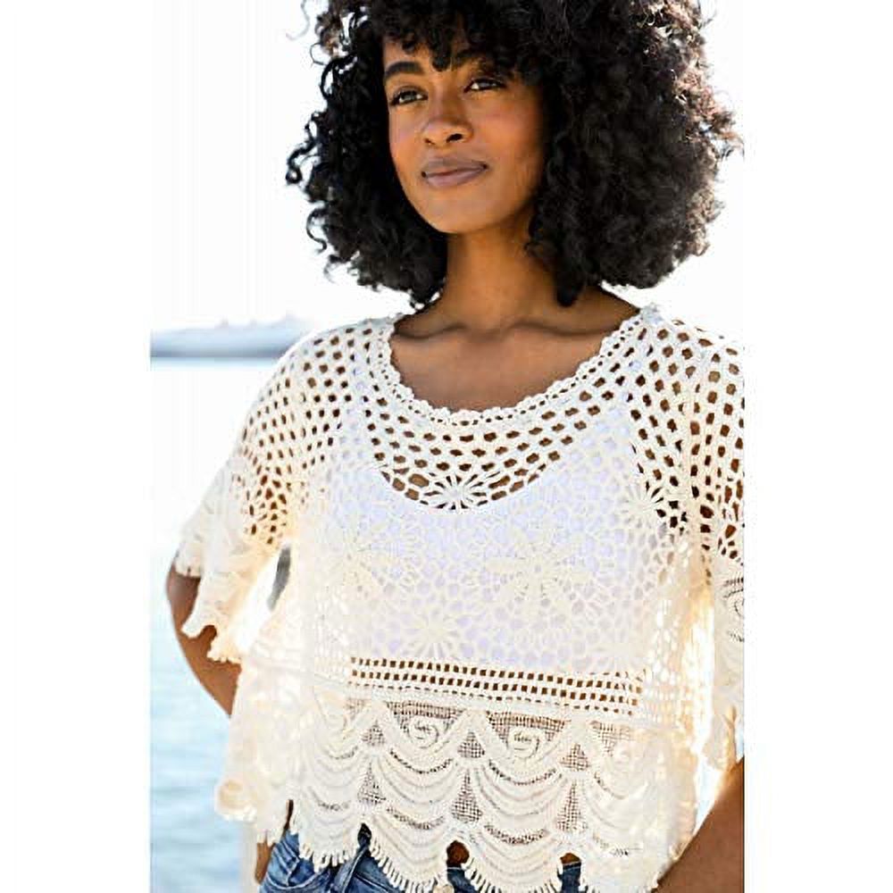 Women's Crochet Short Sleeve Crop Sexy Sheer Blouse Mesh Lace Crop Top (Natural) - image 4 of 4