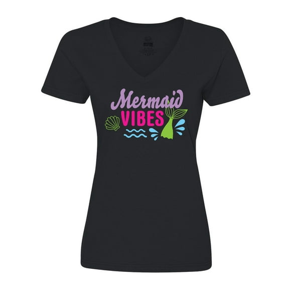 Inktastic Mermaid Vibes with Tail and Seashell Women's V-Neck T-Shirt