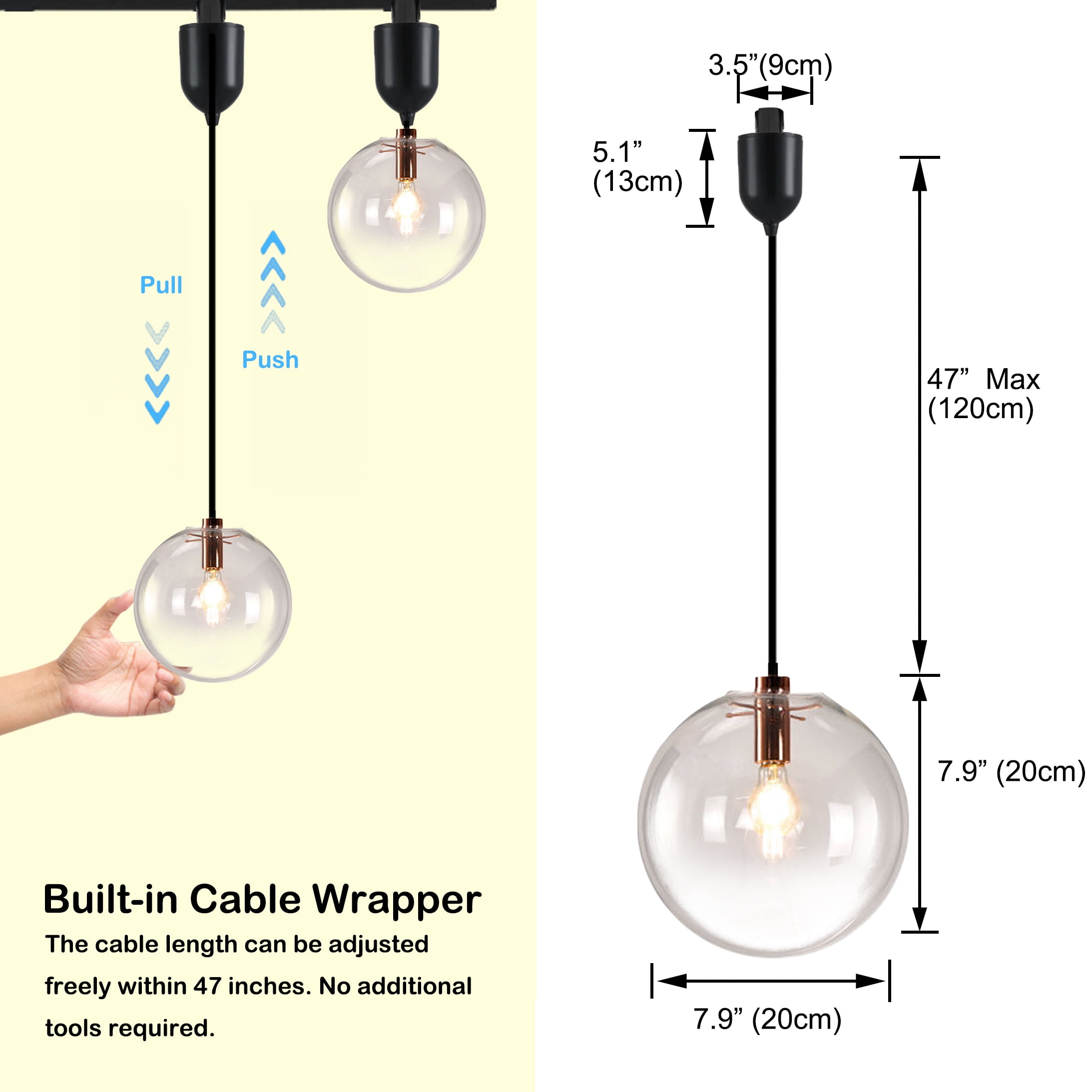 Kiven H-Type Track Lighting Light fixture, Modern Halo Track Pendant Light with Built-in Cable Wrapper and Glass Lampshade, Adjustable Length for Bedroom Kitchen Shop,Rose Gold Finish, 3-Light
