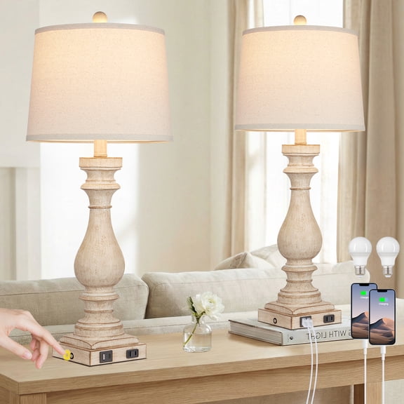 Lolikit Table Lamp Set of 2 with USB C A Ports & AC Outlet Desk Lamps Vintage Nightstand Bedside Lamps