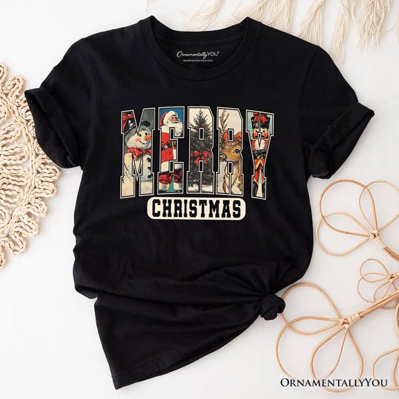 Merry Christmas Vintage T‑Shirt, Santa Tree Reindeer Snowman Nutcracker Tee