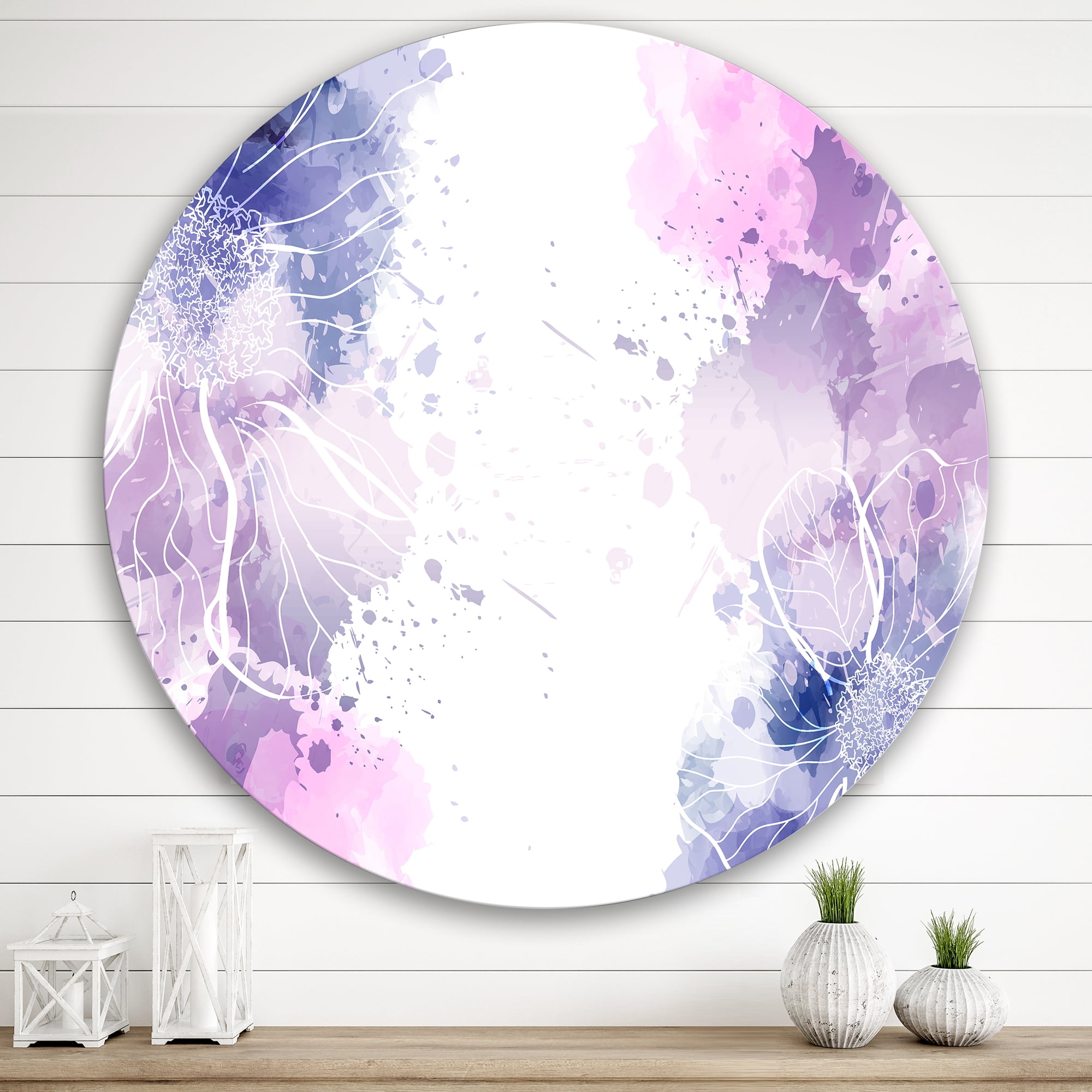 Designart 'Pink and Purple Abstract With Colorful Splashes I' Modern Circle Metal Wall Art 36x36 - Disc of 36