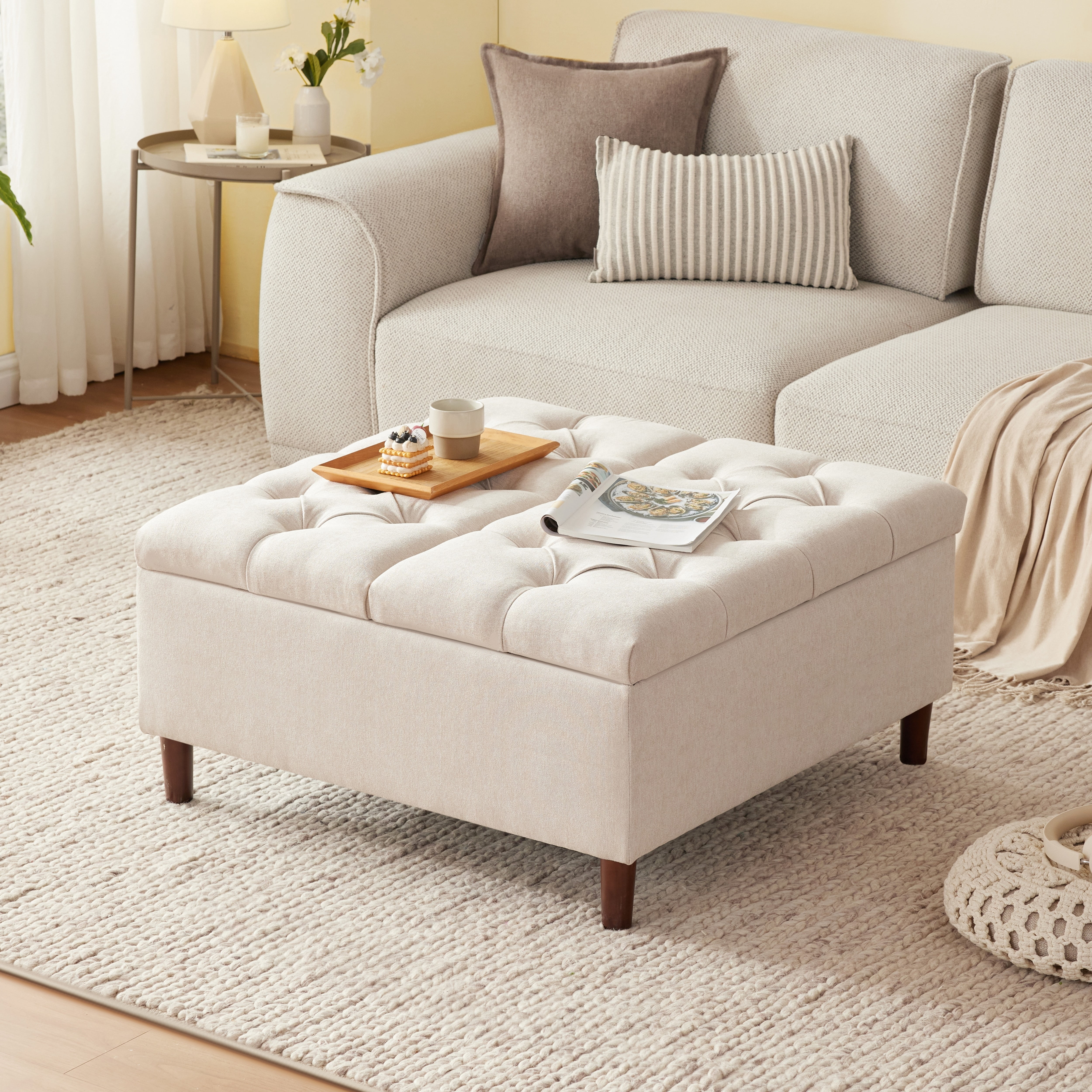 WETURE 35" Tufted Ottoman Coffee Table with Storage, Beige