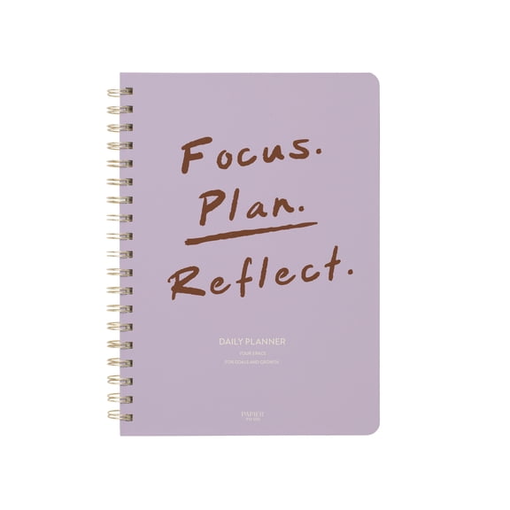 Papier To Go, Undated Daily Productivity Planner, Spiral, Hardcover, B5 Size - 7.1"" x 10"" inches, Typography Print - Focus Plan Reflect, Purple