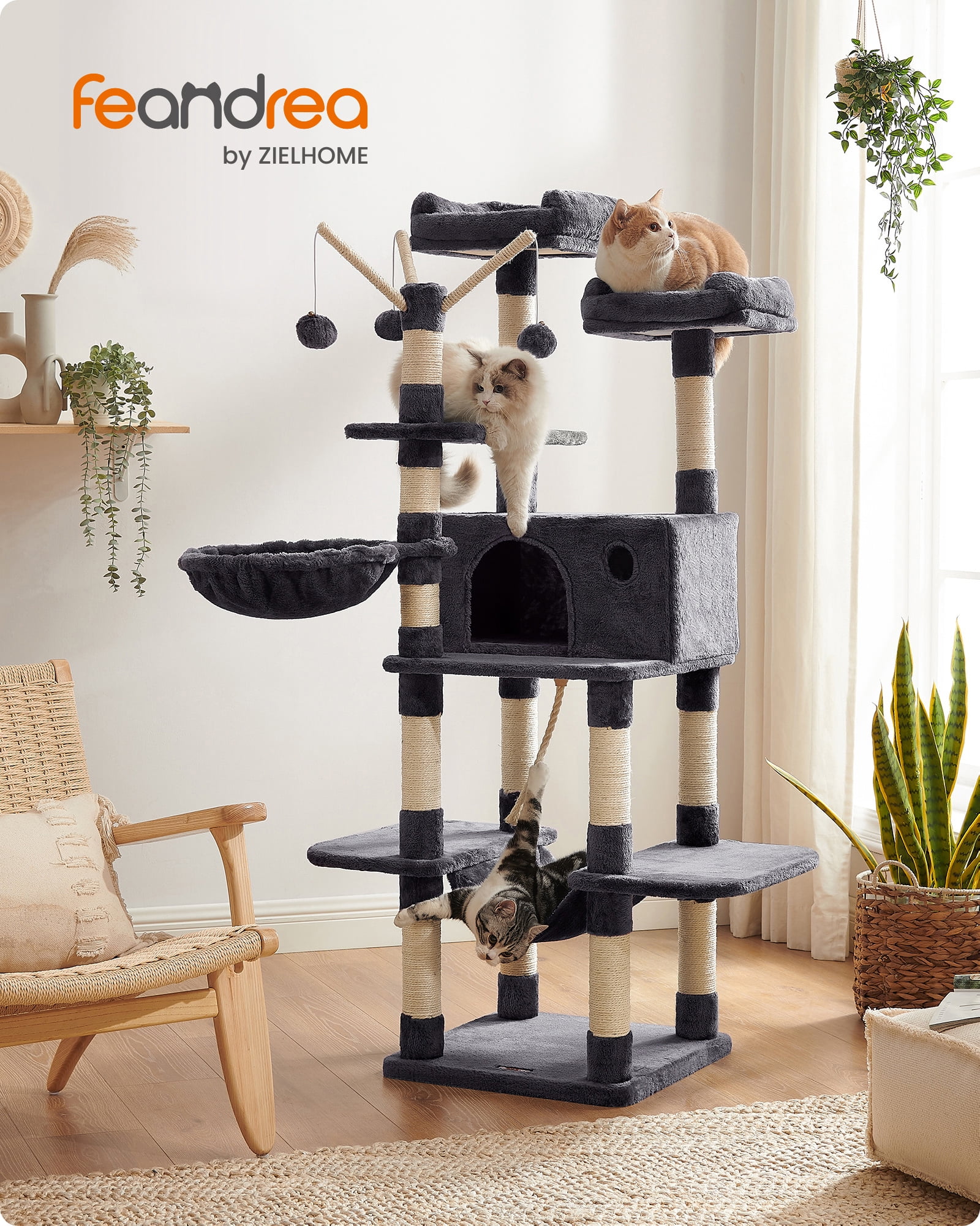 FEANDREA Cat Tree, Large Cat Tower, 64.6 Inches Cat Activity Center Cat ...