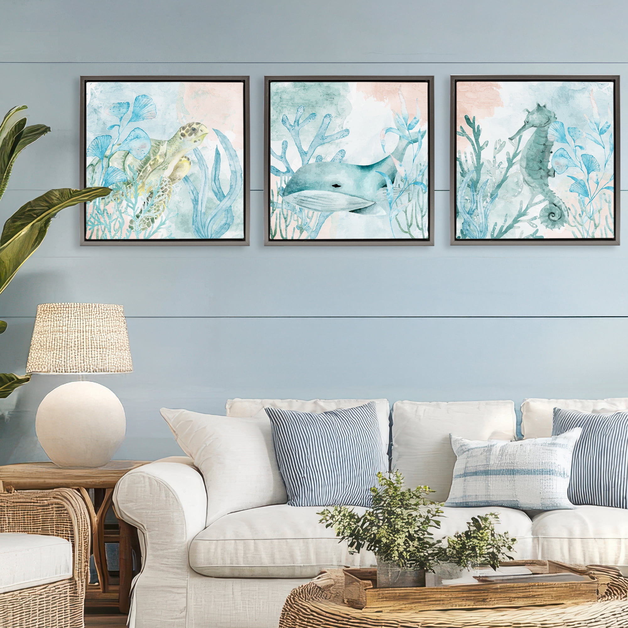 Stupell Industries Aquatic Animals Sea Swim 3 Piece Gray Framed Floater Canvas Set, design by Kim Allen