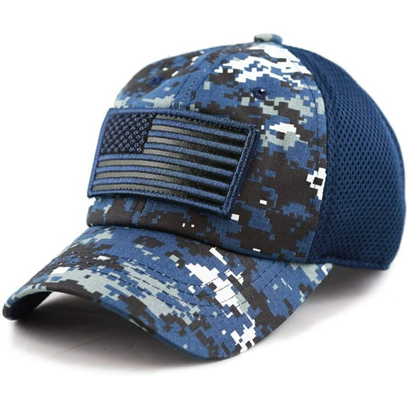US Flag Detachable Patch Micro Soft Mesh Baseball Hat Cap (Navy Blue Camouflage)