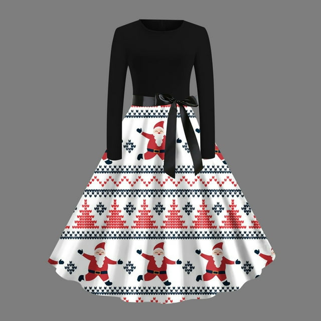 Robes Formelles pour Femmes 2023 Invité de Mariage Col Rond Manches Longues Patchwork Joyeux Noël Imprimé Grande Robe de Noël en Liquidation