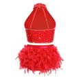 thumbnail image 2 of Raenseen Kids Girls Jazz Latin Dance Outfits Rhinestones Crop Top with Feather Briefs Skirt Red 12, 2 of 6