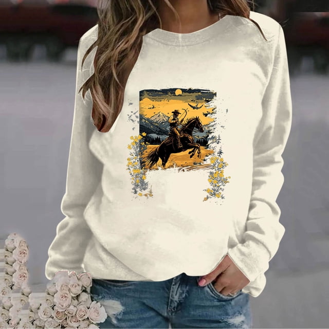 RKSTN Blouses pour Femmes Imprimées Col Rond Manches Longues Chandails en Molleton Blouses pour Femmes Habillées Décontractées