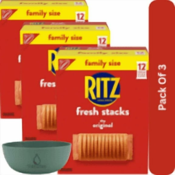 RITZ Fresh Stacks Original Crackers, Travel Snacks, Family Size, 17.8 oz (12 Multi Snack Packs)-3pk, With Olive Green Bowl By ValueNest