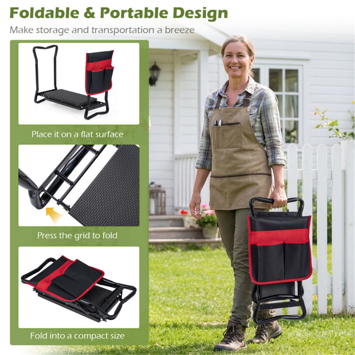 Black Red 2 in 1 Garden Kneeler Folding Stool 300lbs Capacity with Tool Pouch