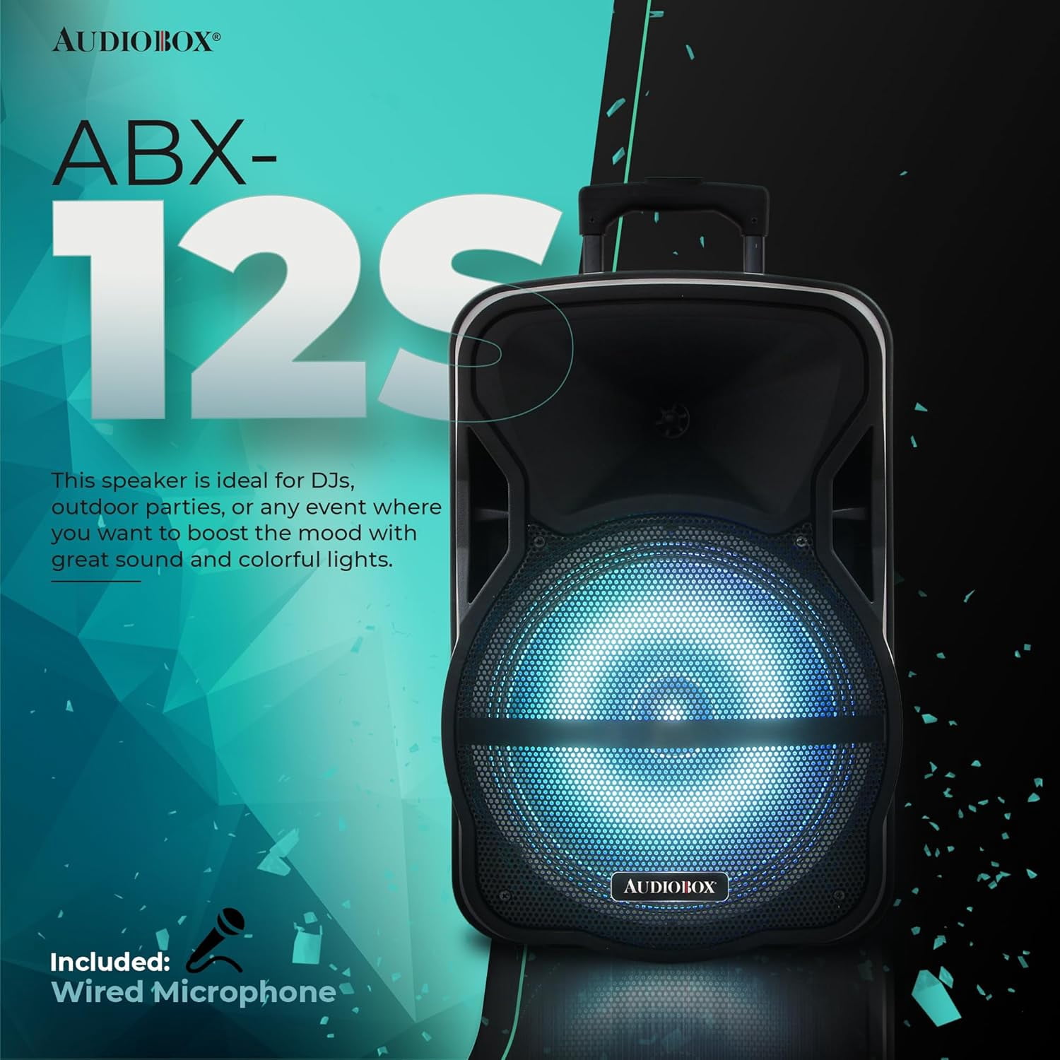 Audiobox ABX-12S 12" Portable Bluetooth PA Speaker w/Stand & Mic, USB, TF, FM, AUX, 1/4" Mic Jack, Rechargeable Battery, Trolley Handle & Wheels, Perfect for DJ, Parties, & Events
