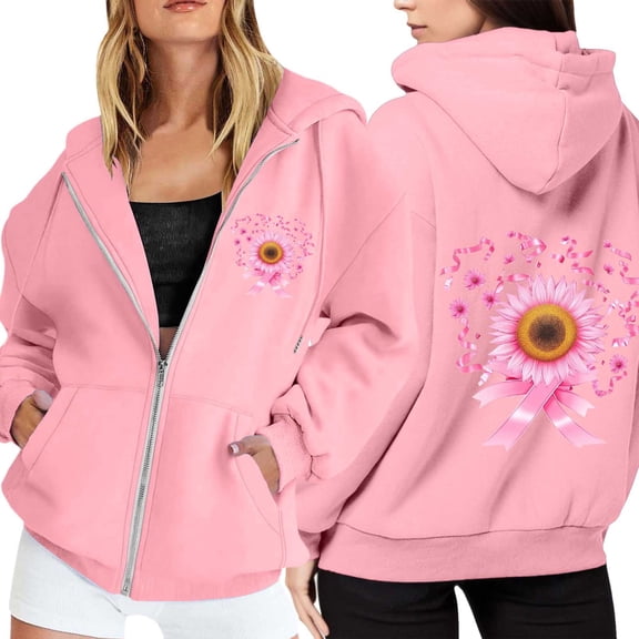 Womens Long Sleeve Full Zip Sweatshirt Pink Ribbon Printed Loose Pullover Tops Fall Fashion 2025 Zipper Hoodies Cancer Awareness Tops (Pink, XXL)