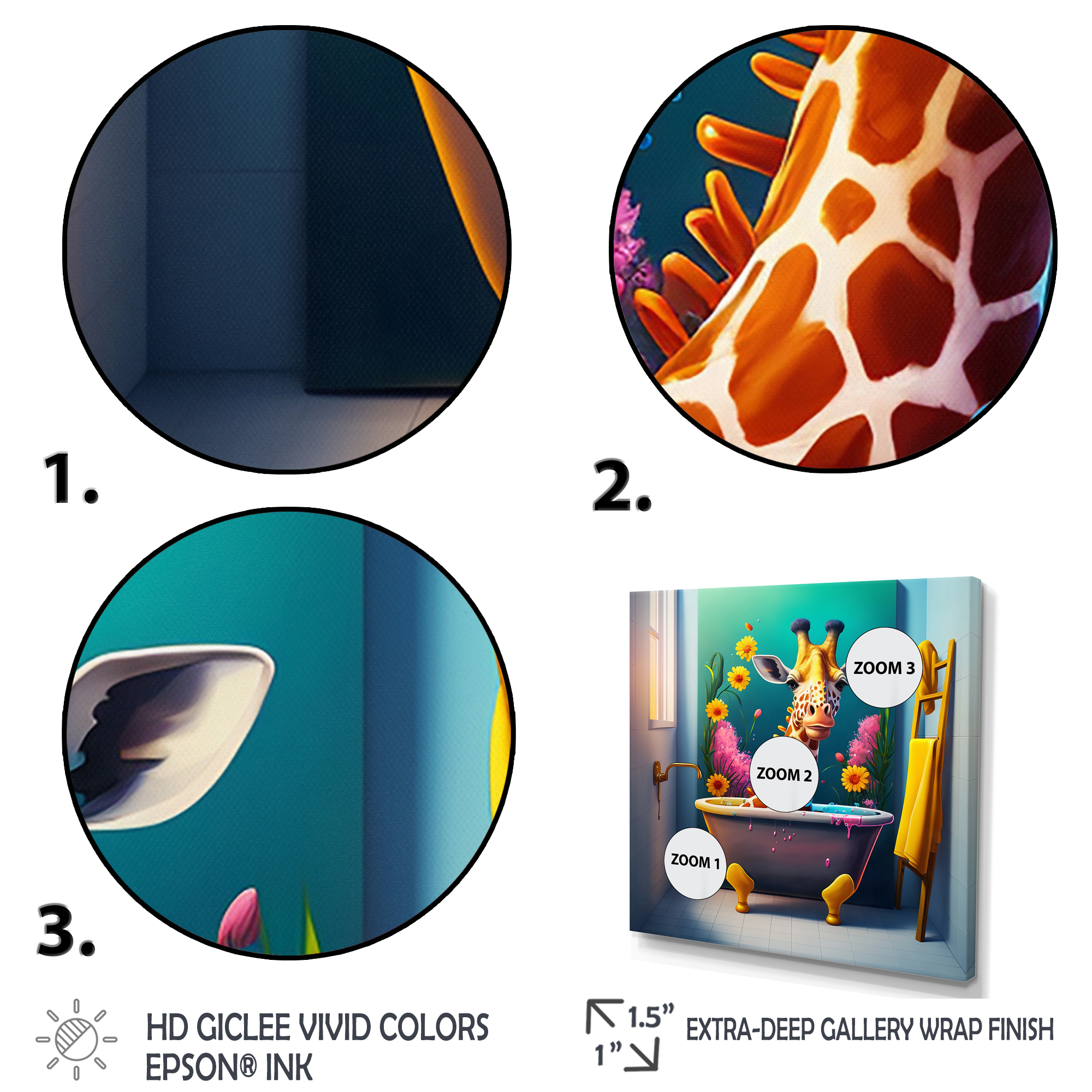 Designart Giraffe Caricature Splashing Around In A Flower Bath III Canvas Wall Art