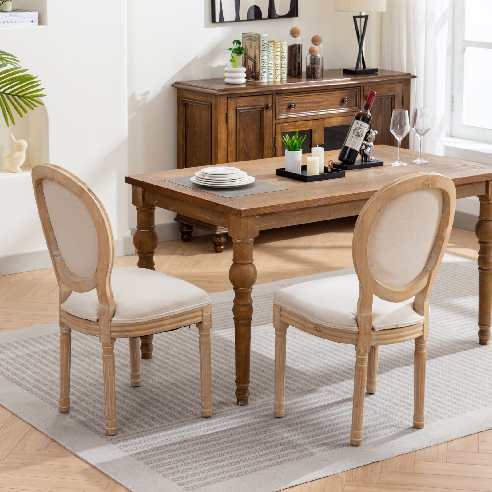 MAYEERTY French Style Dining Chair - Solid Wood Frame, Antique Painting, Linen Back, Beige, Set of 2