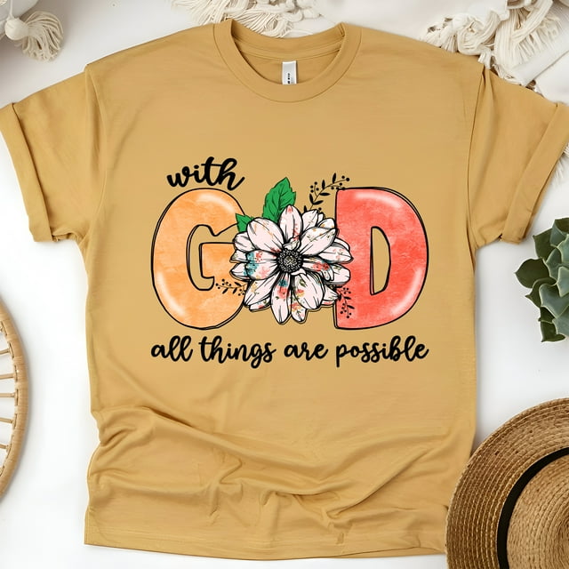 Avec Dieu Tout Est Possible T-Shirt Floral Chrétien, Or, Taille 2TG