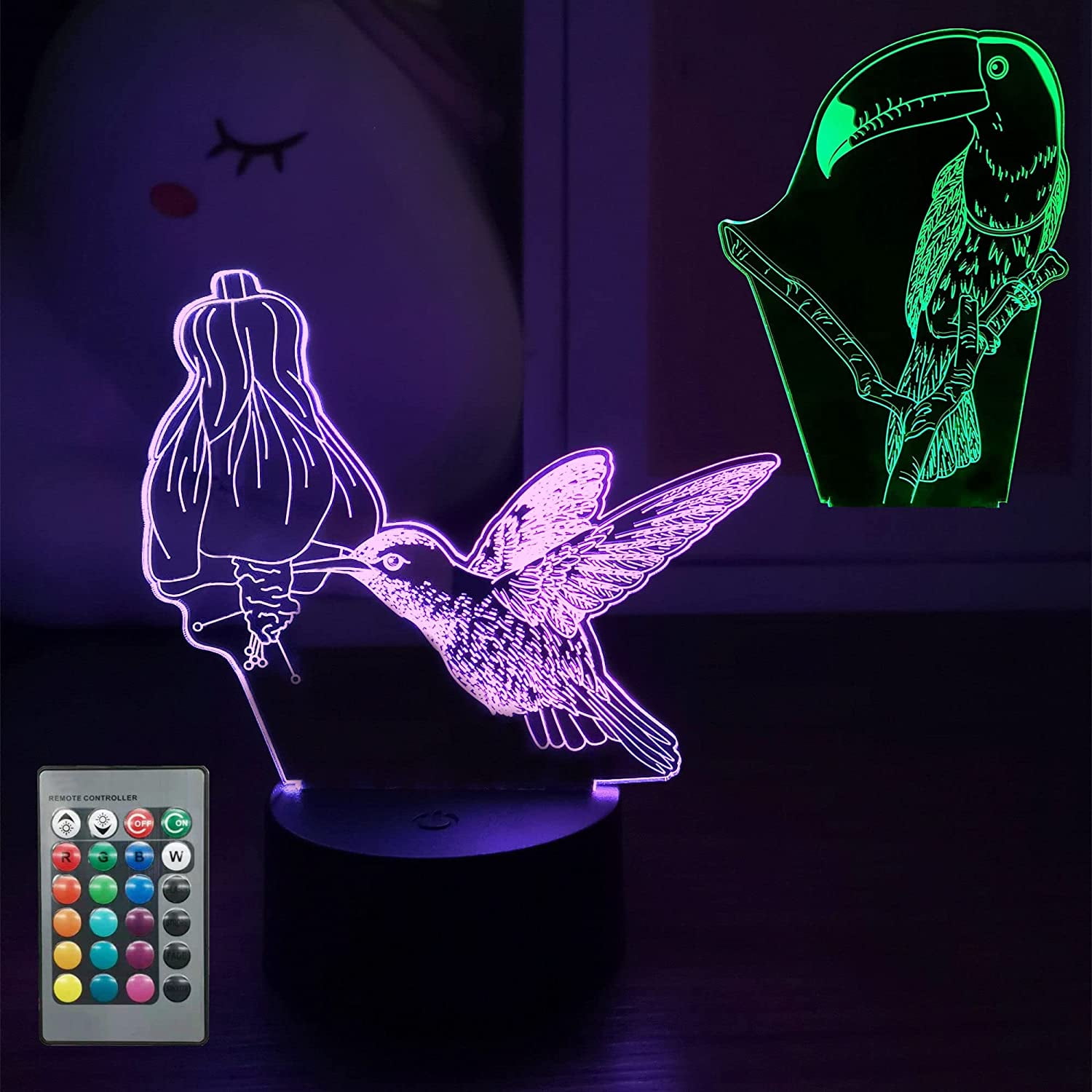 YSITIAN Hummingbird Toucan 3D Lamp, Birds Night Light for Boy Girls' Bedroom Decor, 2 Patterns 16 Colors Changing Dimmable, Smart Touch & Remot F1116-357 -