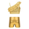 thumbnail image 2 of Doomiva Kids Girls Sequin Ruffle Crop Top with Shorts Set Sport Workout Gymnastics Dance Outfit Tracksuit Gold 12, 2 of 7