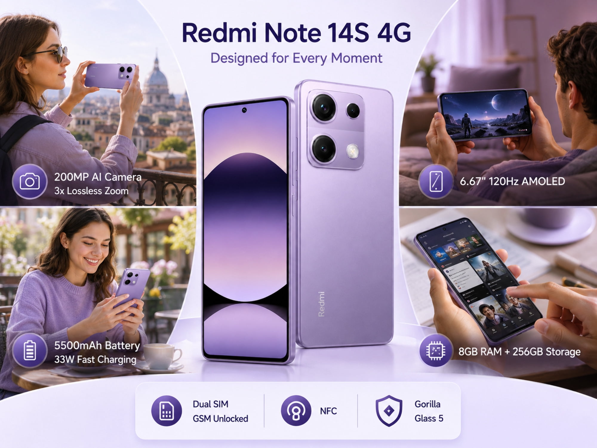 Xiaomi Redmi Note 14S 4G 256GB ROM 8GB RAM Dual Sim GSM Unlocked - Aurora Purple