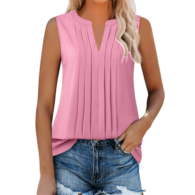 tarylea Camisole Tunique Longue d'Été pour Femmes, Col en V, devant Plissé, Coupe Ample, Confortable, Décontractée, Sans Manches