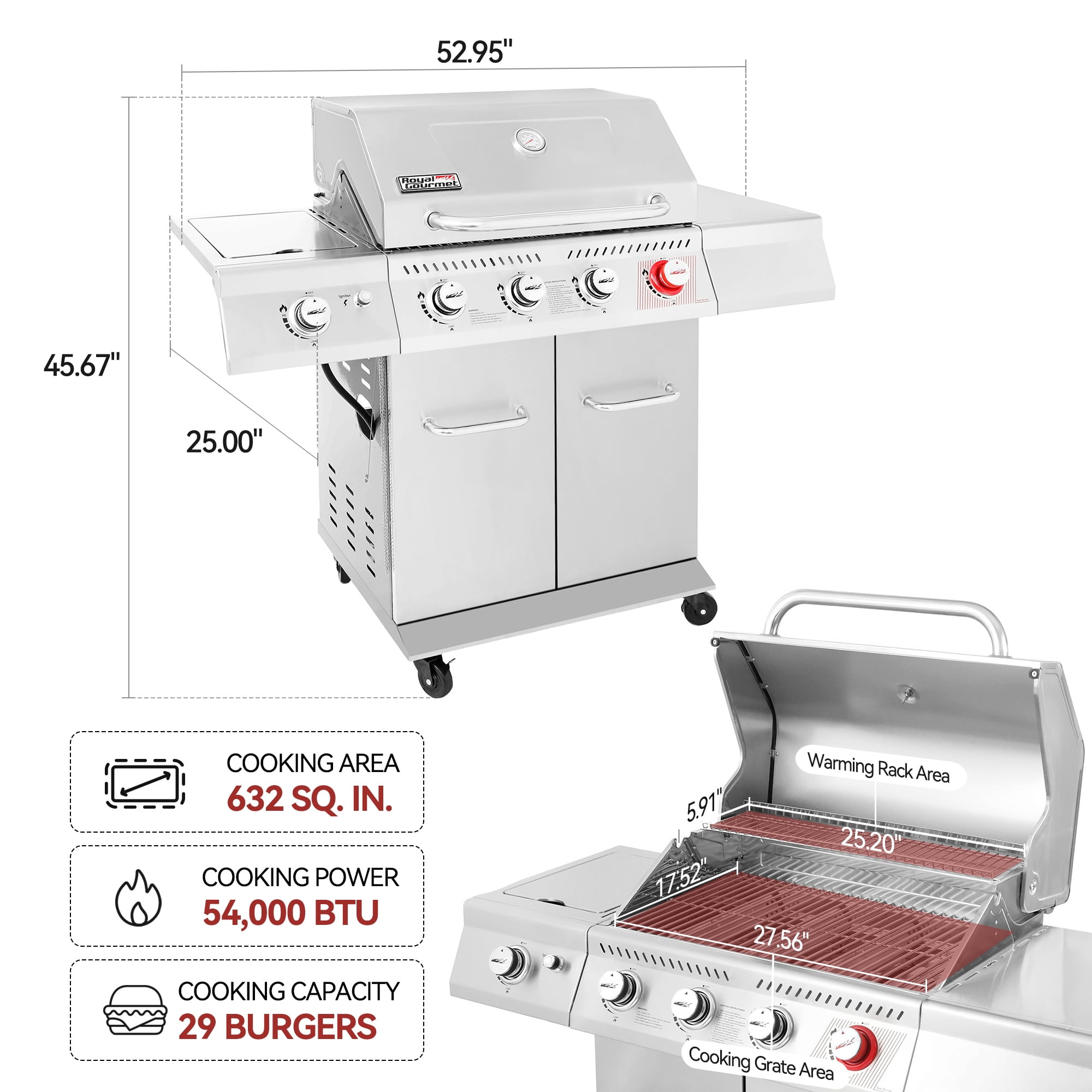 Royal Gourmet GA4402S Stainless Steel 4-Burner BBQ Cabinet Style Gas Grill with Sear Burner and Side Burner Silver