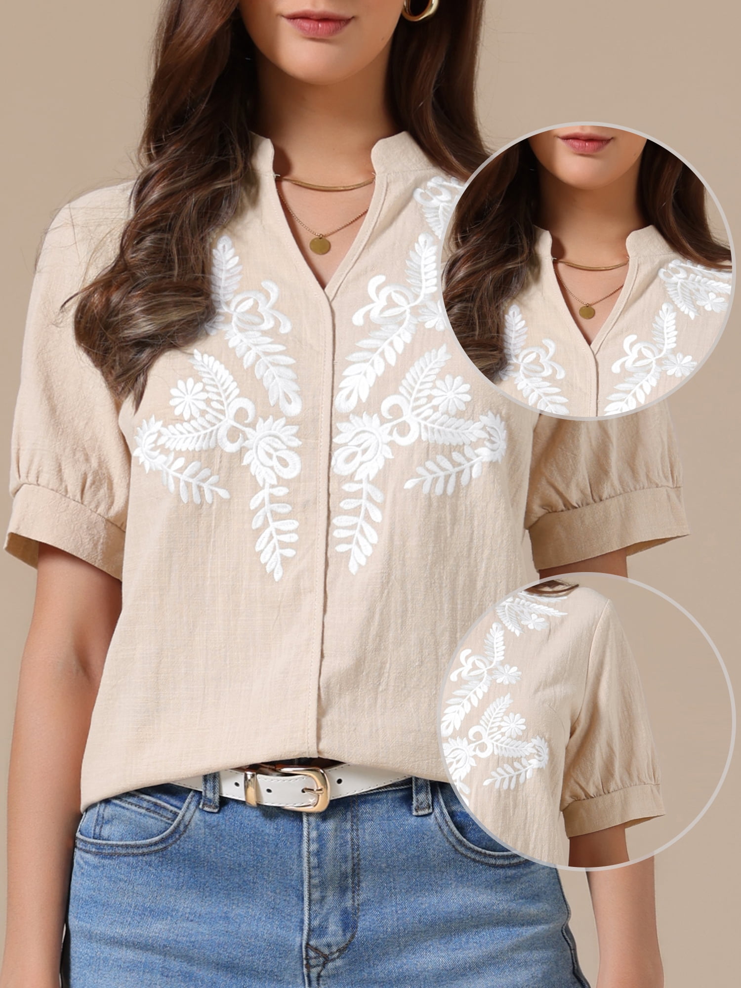 DARING DIVA Women's Cotton Floral V Neck Short Sleeve Embroidered Blouses Tunic 2XL Beige