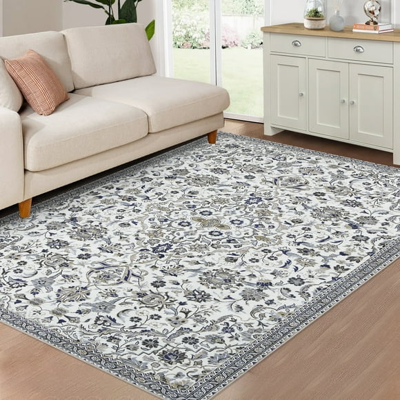 Hasoo Area Rug 8' x 10' Multi-color Vintage Rug Flodable Thin Rug Retro Distressed Carpet Floral Print Boho Rug for Bedroom Living Room