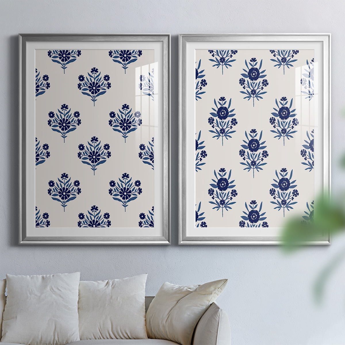 Wexford Home Indigo Bloom Pattern I Premium Framed Print, 30.5" x 42.5" - Ready to Hang, Silver (Set of 2)