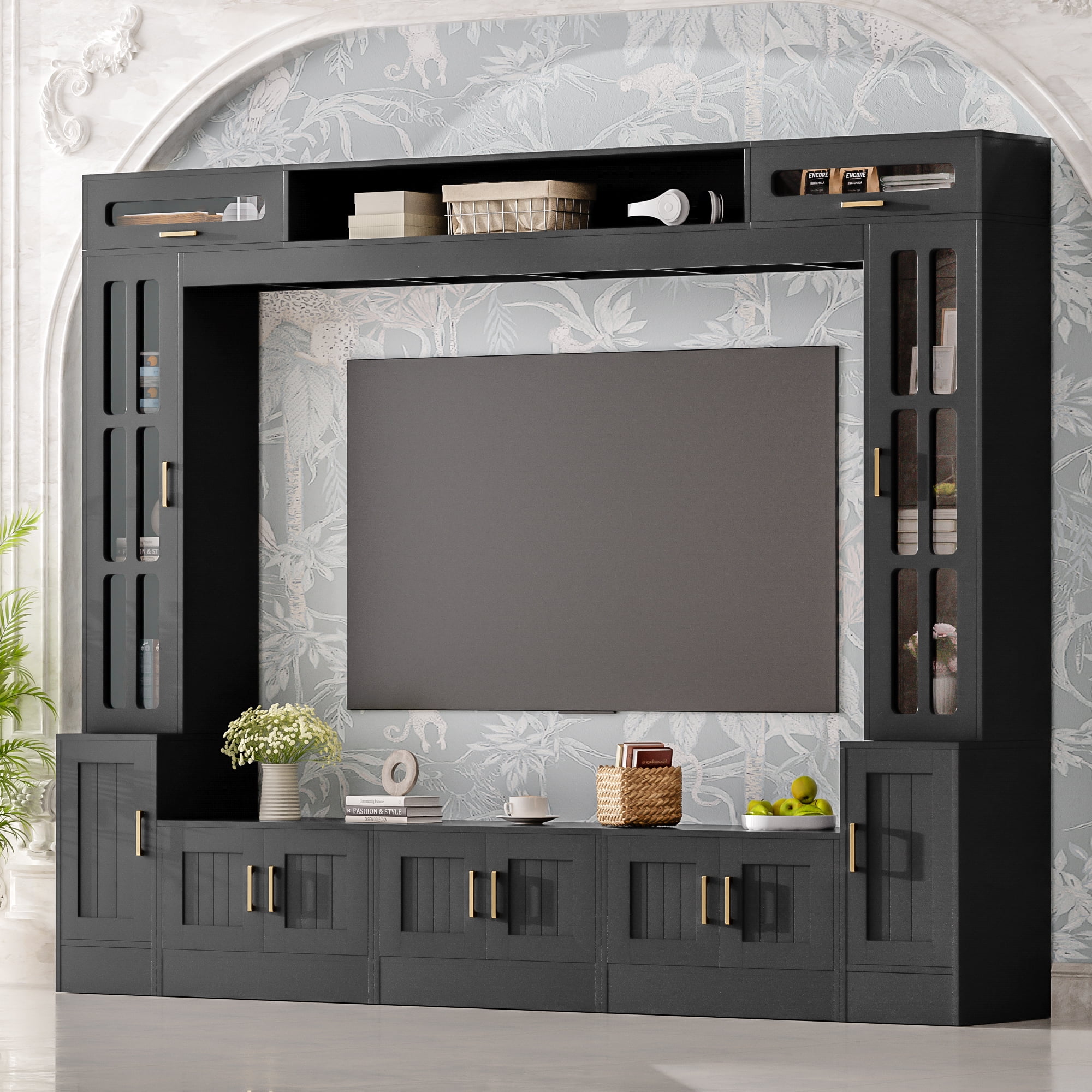 Aukfa Modern 98.4" Wall Unit TV Stand for TVs up to 80",Entertainment Center with Glass Doors & Storage Cabinets for Living Room Furniture, Black
