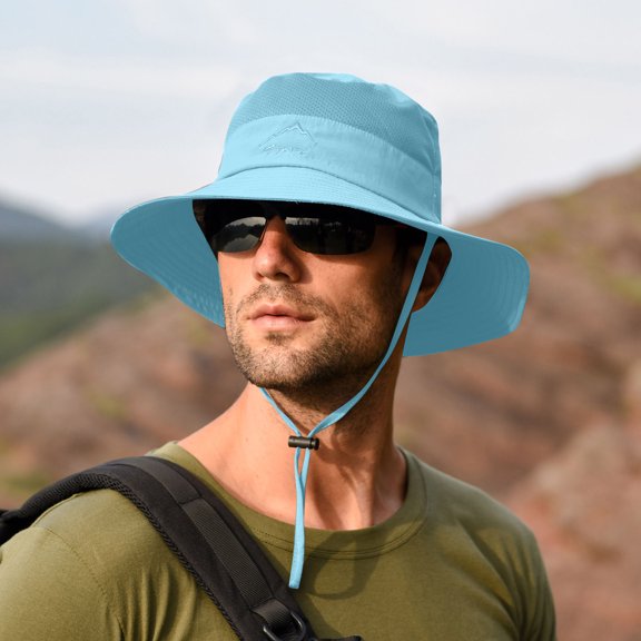 Mens Wide Brim Sun Hat with Neck Flap Fishing Safari Cap for Hiking Camping Gardening Field Work(Blue A)